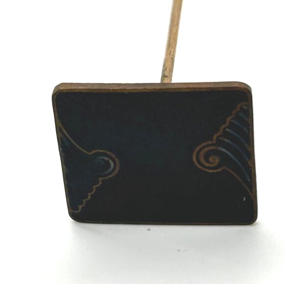 Antique Art Nouveau Hat Pin Black Enamel On Copper 1900s Geometric Design 9 Inch - Picture 10 of 14
